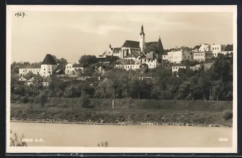 AK Enns /O. Ö, Flusspartie mit Kirche