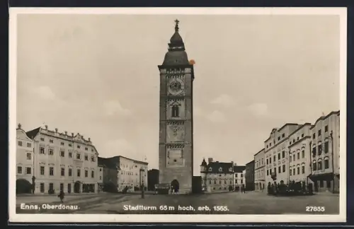 AK Enns /Oberdonau, Stadtturm und Vorplatz