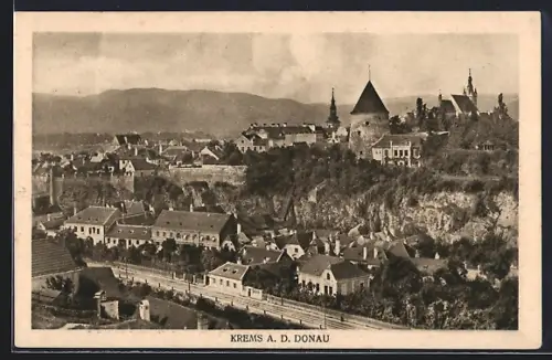 AK Krems a. d. Donau, Ortsansicht mit Strasse u. Turm aus der Vogelschau