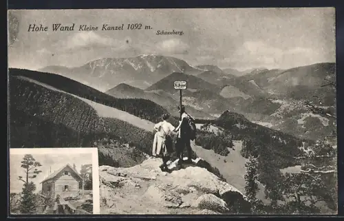 AK Hohe Wand, Berghütte, Wanderer auf Kleine Kanzel mit Schneeberg-Panorama
