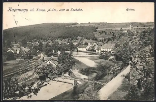 AK Kammegg am Kamp, Ortsansicht mit Brücke u. Ruine aus der Vogelschau