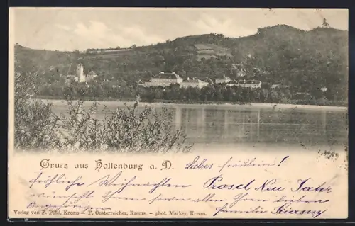AK Hollenburg a. D., Ortspanorama vom Wasser aus