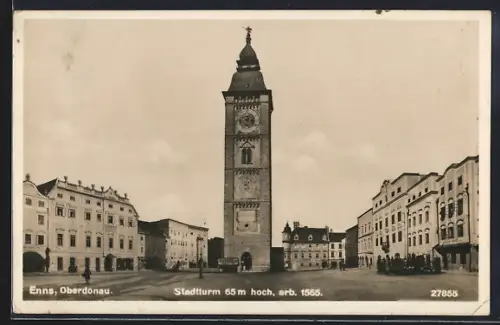 AK Enns /Oberdonau, Stadtturm und Häuser-Panorama