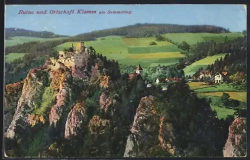 AK Breitenstein / N.Oe., Klamm am Semmering, Ruine und Ortschaft aus der Vogelschau