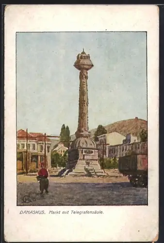 Künstler-AK Damas / Damaskus, Markt mit Telegrafensäule