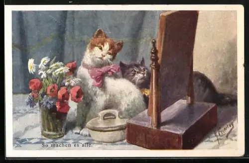 Künstler-AK Karl Feiertag: Katzen vor dem Schminkspiegel