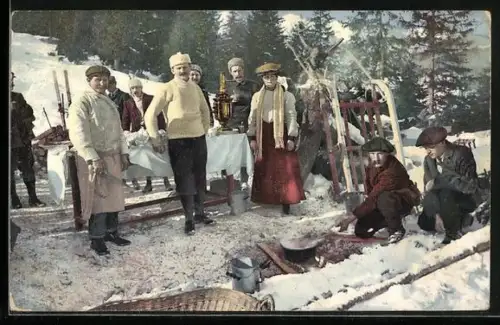 AK Verpflegung in der Pause beim Schlittenfahren