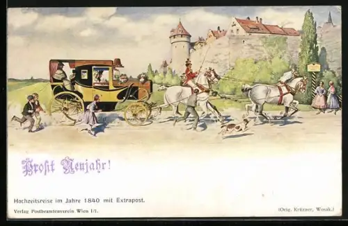 AK Hochzeitsreise mit der Extrapost im Jahre 1840, Pferdekutsche