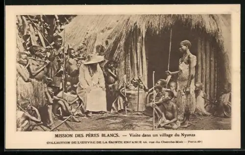 AK Mission des Pères Blancs, Visite dans un village du Nyanza, Missionar vor afrikanischer Hütte