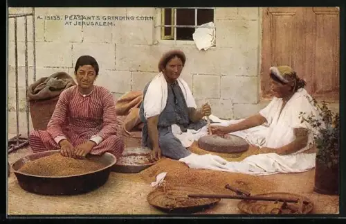 AK Jerusalem, Peasants grinding Corn, Zubereitung von Getreide
