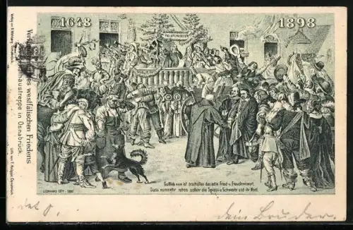 Lithographie Osnabrück, 250 Jahre Verkündigung des westfälischen Friedens vor der Rathaustreppe 1648-1898