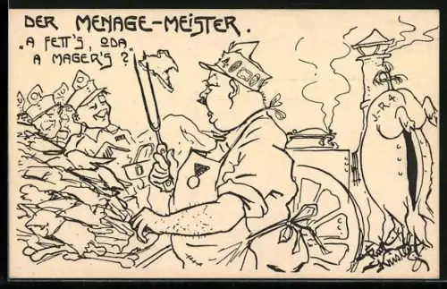 Künstler-AK Rud. Kristen: Deutschmeister Witwen- und Waisenstiftung, Der Menage-Meister, Soldatenhumor