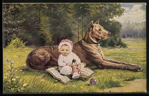 Künstler-AK Alfred Mailick: Baby mit Dogge auf einer Wiese sitzend