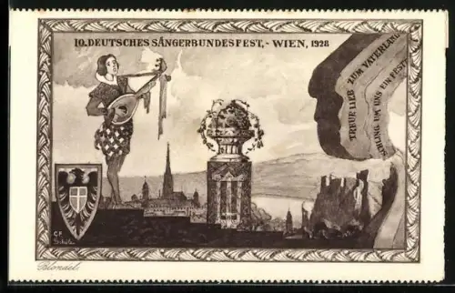 Künstler-AK Wien, 10. Deutsches Sängerbundesfest 1928, Musikant mit Gitarre, Wappen