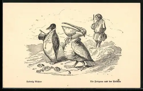 Künstler-AK Ludwig Richter: die Fettgans und der Pelikan