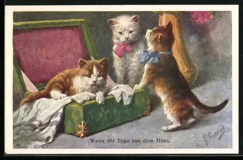 Künstler-AK Karl Feiertag: Katzenkinder spielen an der Schatulle