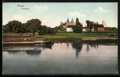 AK Posen / Poznan, Blick übers Wasser auf Dominsel