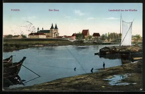 AK Posen / Poznan, Blick zum Dom vom Ufer aus