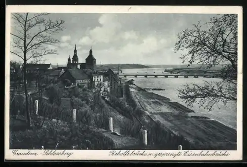 AK Graudenz / Grudziadz, Behelfsbrücke und gesprengte Eisenbahnbrücke