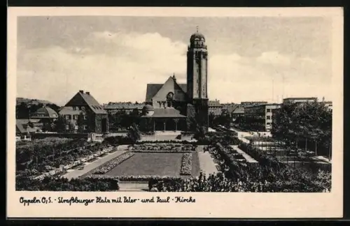 AK Oppeln, Strassburger Platz mit Peter und Paulkirche