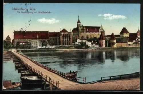 AK Marienburg-Malbork, Marienburg mit Schiffbrücke