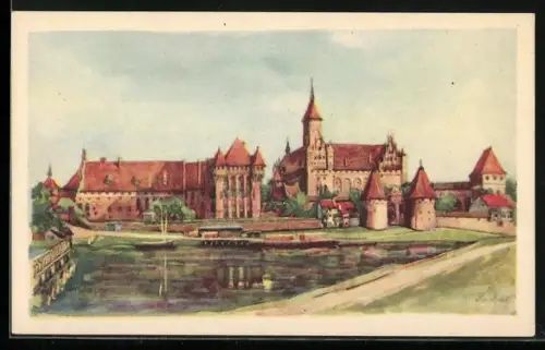 Künstler-AK Marienburg-Malbork, Weichselpartie mit Blick zur Marienburg