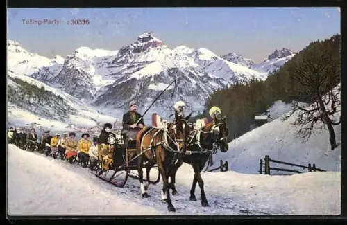 AK St. Moritz, Tailing-Party, Pferdeschlitten mit Kutscher und angehängten Touristen-Rodelschlitten