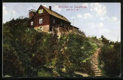 AK Hochsteinbaude im Isergebirge, Ansicht mit Treppenaufgang