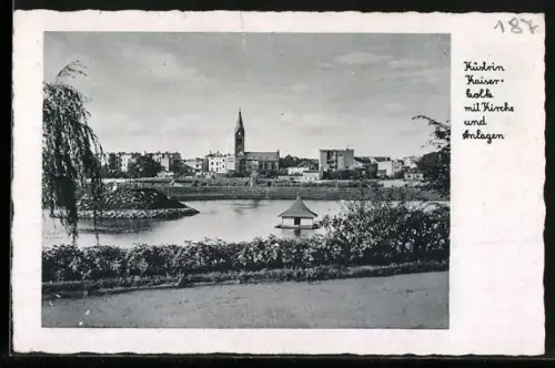AK Küstrin, Kaiserkolk mit Kirche und Anlagen