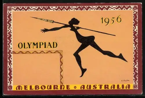 Künstler-AK Melbourne, Olympiad 1956, Speerwerferin, Schattenbild
