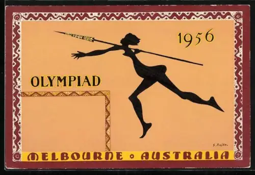 Künstler-AK Melbourne, Olympiad 1956, Speerwerferin, Schattenbild