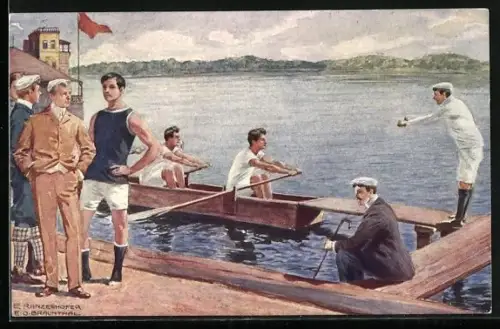 AK Ruderboot mit Ruderern vor dem Vereinshaus, mit Wasserblick