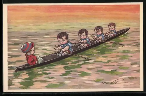 Künstler-AK Castelli: Ruderboot mit fünf Jungen
