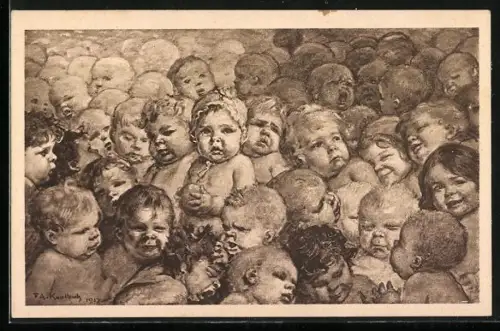 Künstler-AK Spendenkarte für Säuglings- ud Kleinkinderschutz, viele weinende Kinder, Kinderfürsorge