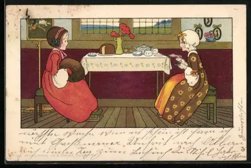 Künstler-AK sign. Sowerby: Zwei Mädchen am Kaffeetisch