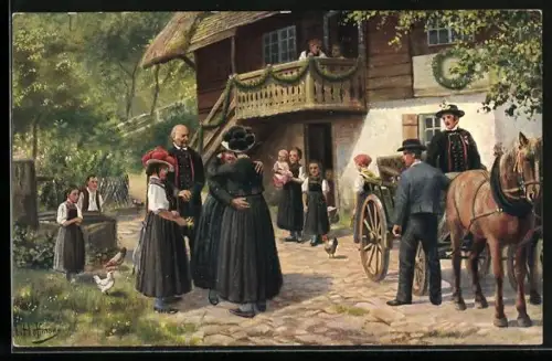 Künstler-AK H. Hoffmann: Braut verabschiedet sich von ihren Eltern, Bräutigam wartet mit der Pferdekutsche
