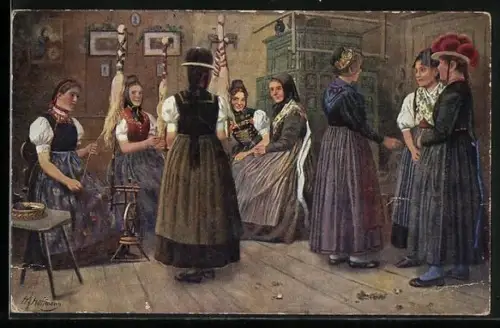 Künstler-AK H. Hoffmann: Schwarzwald, Frauen in der Spinnstube
