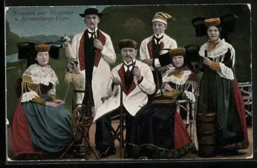AK Schaumburg-Lippische Landestracht, Männer und Frauen mit Spinnrad