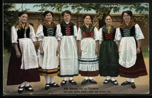 AK Mer Mädchen sin us Tüngeda..., Frauen in thüringischer Tracht