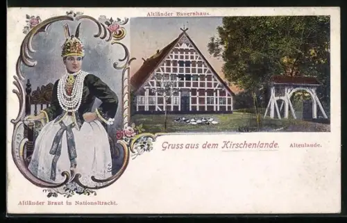 AK Altenlande, Altländer Braut in Nationaltracht, Altes Bauernhaus