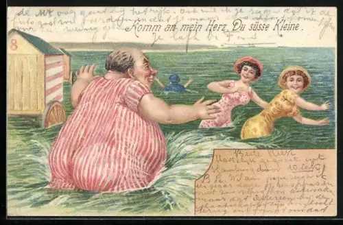 AK Komm an mein Herz, Du süsse Kleine, zwei Fräulein flüchten im Wasser vor einem dicken Mann