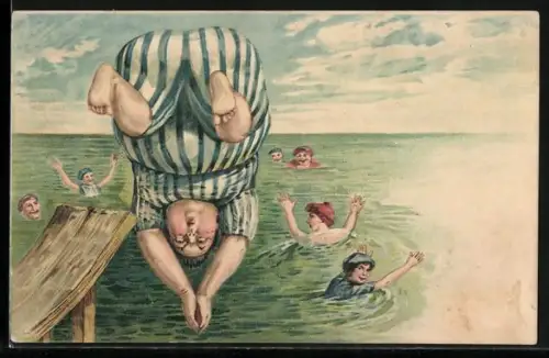 Lithographie Dicker im Badeanzug springt vom Sprungbrett ins Wasser am Meer