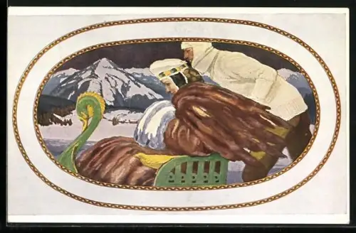 Künstler-AK sign. Ad. Münzer: Im Winterdress, Paar auf Fahrt im Schlitten, Ornament-Rahmen