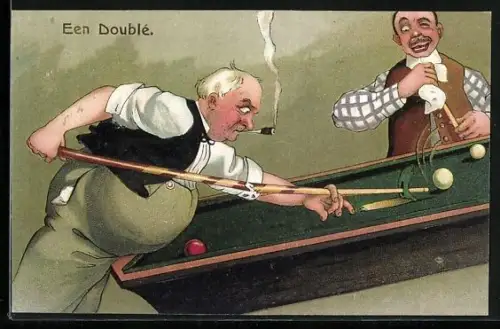 AK Dicker Billardspieler reisst das Tuch auf, Mitspieler lacht