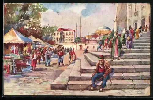 Künstler-AK Konstantinople, Le Marché de Yeni-Djami