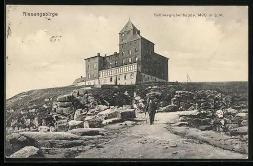 AK Schneegruben-Baude im Riesengebirge und Wanderer