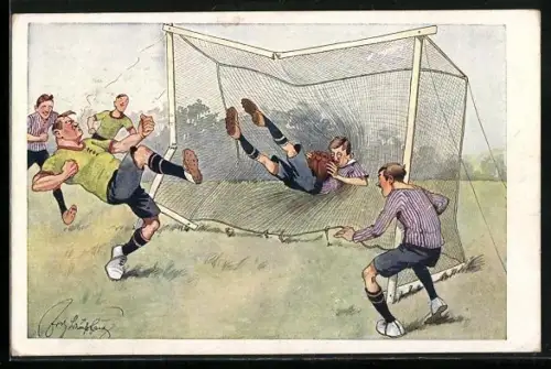 Künstler-AK Fritz Schönpflug: Fussball-Spieler zerschiessen das Tor
