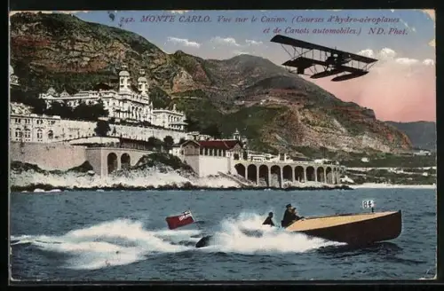 AK Monte Carlo, vue sur le casino, cours d`hydro-aèroplanes et de canots automobiles