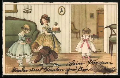 Künstler-AK Pauli Ebner: Kleiner Junge bindet Mädchen den Schuh zu