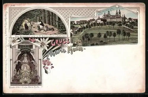 Lithographie Maria Kulm, Wallfahrtskirche Maria Kulm, Gnaden Altar, Das Gnadenbild wird im 13. Jahrhundert aufgefunden